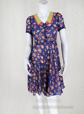 热促!C*fon V领半开襟拼色贴布拼接短袖印花雪纺女夏连衣裙LC138