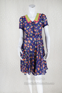 V领半开襟拼色贴布拼接短袖 fon 印花雪纺女夏连衣裙LC138 热促