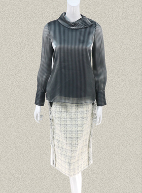 新!F*RRO G*ANO 正品 雅致条纹翻领轻熟女春秋衬衫上衣FE2C785W09