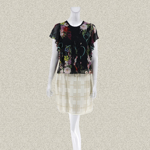 正品 工笔风印花拼蕾丝飞飞袖 短上衣2ASA270 森系列 女夏季
