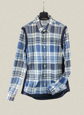 桀A jie*r 男装正品 毛边装饰拼色格子春夏秋全棉长袖衬衫JS50209