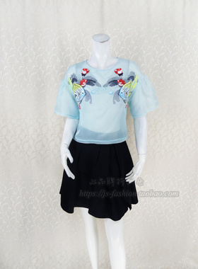 惠!Double*爱 全桑蚕丝半透视绣花短袖套头衬衫女夏上衣G5105A