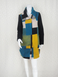 翻领单排扣拼色格子羊毛毛呢H型大衣外套KC4Y003WL 卡VON 反季 清