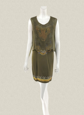 JH风 正品 图案印花针梭拼军绿色无袖假两件女夏针织连衣裙 OD191