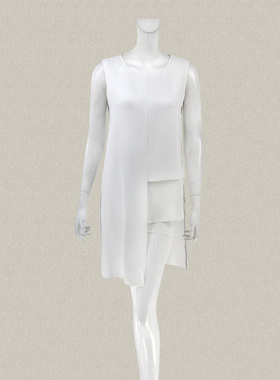 卡迪DL 撞色绣花不对称设计清新白色中长女春夏长背心衬衫 240801