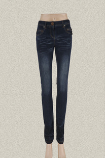 新!裘TN 正品 拉链袋猫须抓皱修身女春夏棉弹牛仔裤铅笔裤532018B