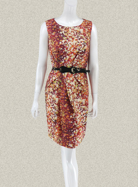 新!丝fu卡 不对称褶皱甜美水彩风印花女春秋梭织连衣裙 6416006