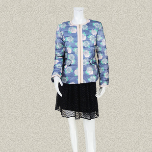 C*fon 正品 欧根纱拼接清新印花女秋冬减龄短款白鸭绒羽绒服YA740