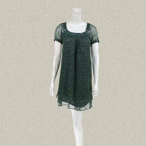 裘TN/Gr*dia 正品 U形领钉珠亮片绿色碎花遮肚女夏连衣裙 3311034