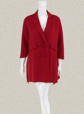 新!蕾DOW 正品 西装领双排扣红色女冬全羊毛双面呢大衣L5AA18031