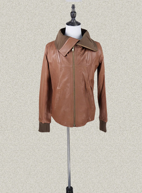 桀A jie*r 正品 男春秋冬拼色罗纹翻领驼色绵羊皮外套皮衣 21803