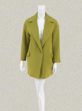 玛*曼可 正品 翻领落肩袖宽松女冬春黄绿95%羊毛中长呢大衣A17006