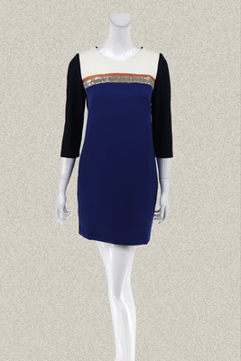 新!蕾DOW 正品 亮片针梭拼色七分袖女春初夏修身连衣裙L4AC14006