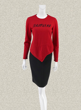 法路INA 正品 撞色字母绣花不规则摆红色女秋冬全羊毛针织衫Z7205