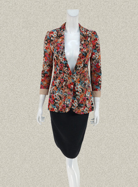 JH风 正品 甜美印花西装领一粒扣OL女春夏八分袖修身外套 XA5033