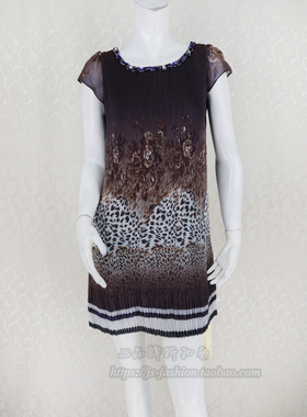 促!蕾DOW 钉珠亮片豹纹印花拼色宽松百褶雅致女夏连衣裙L3SA24161