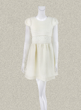 JH风 正品 蕾丝拼接花瓣袖清新米色女春秋羊毛提花连衣裙 LC103
