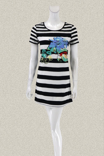 提花蕾丝拼雅致黑白条纹亲肤女夏针织连衣裙E6001E 正品 新 裘TN