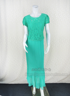 欧BL奴 正品 蕾丝百褶雪纺长裙高个两件套清新绿色女夏连衣裙5307