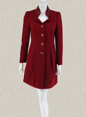 新!爱珂菲EAACPP 正品立领珠钻饰酒红女春秋羊毛中长外套 EF38014