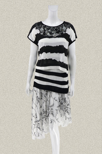 上衣 新 雅致印花钉珠黑白条纹两件套女夏针织衫 正品 41181A 裘TN