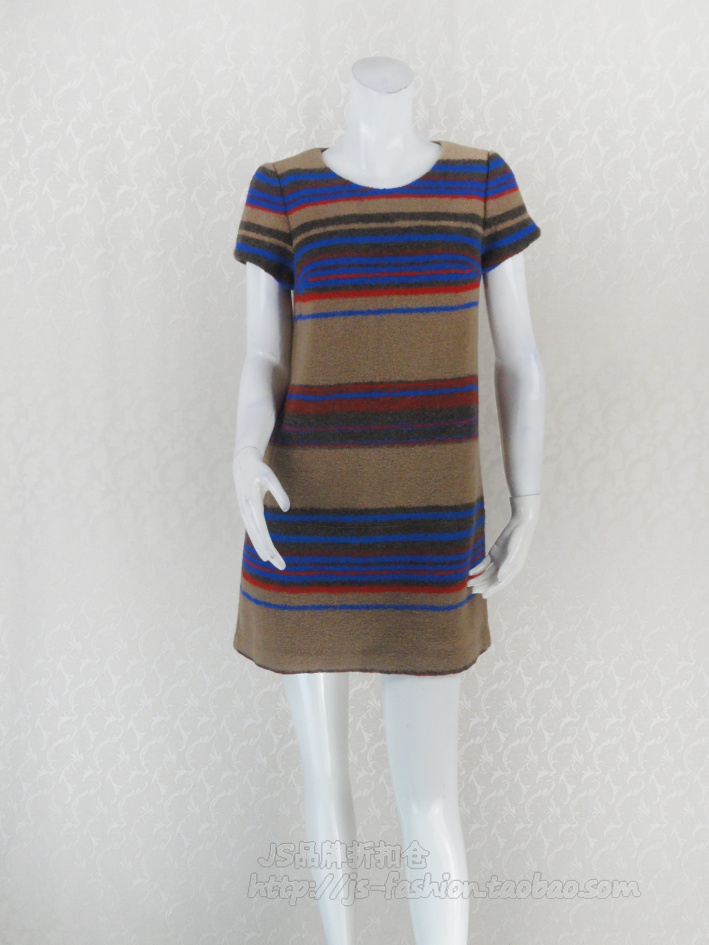 调仓清仓!蕾DOW 正品拼色条纹H型短袖羊毛呢连衣裙L3WC14135