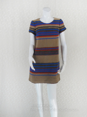 调仓清仓!蕾DOW 正品拼色条纹H型短袖羊毛呢连衣裙L3WC14135