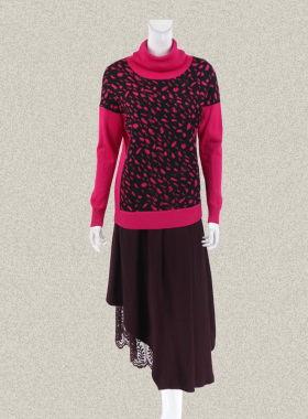 蕾DOW 正品 堆堆领烫钻拼色豹纹提花桃红女春秋冬羊毛针织衫23075