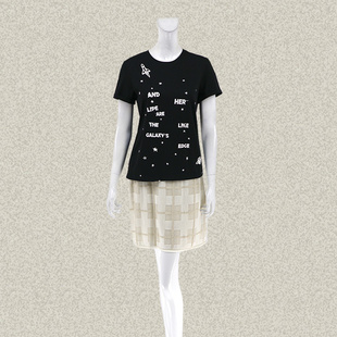 字母印花黑色女夏季 新 正品 lazar 棉弹力针织T恤2AWA048 森系列S