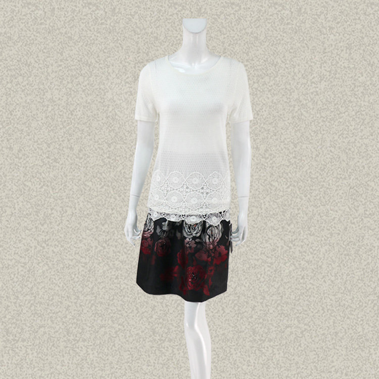 尚MORE 正品 勾花花边装饰清新白色女夏棉质短袖针织工艺衫 W019