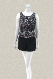 松紧腰女夏假两件连身裤 印花雪纺背心配亚麻短裤 542225N 裘TN 新