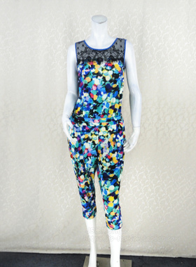 调仓清仓!蕾DOW 蕾丝拼印花弹力针织无袖女夏七分连体裤L4PB36019