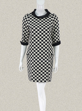 新!玛*曼可 正品黑白雅致方格七分袖女春秋弹力连衣裙M14AA15306