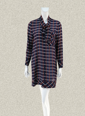 新!法路INA  正品飘带领格子印花宽松女春秋桑蚕丝连衣裙FRCL7050