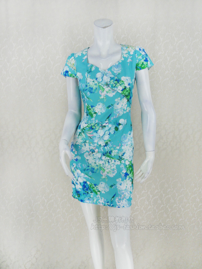 清仓150减50!欧BL奴 女夏清新淡雅印花包袖修身气质连衣裙L6236