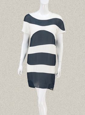 奈CO 正品折扣 不对称网眼拼色雅致女夏季短袖直身连衣裙5C636000