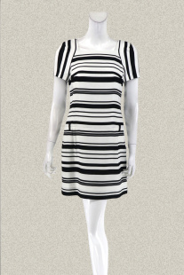 雅致黑白条纹学院风方领短袖 正品 减龄女夏连衣裙542116E 裘TN 新
