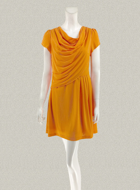 丝fu卡 正品 不对称褶皱甜美橙色假两件女夏秋弹力连衣裙 280610