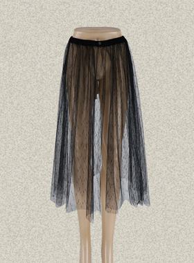 法路INA  松紧腰半透视黑色条纹提花女夏网纱裙一片式蕾丝裙 7508