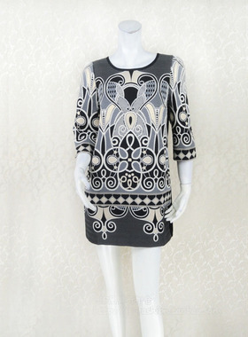 出游季清仓!蕾DOW 女春秋复古风七分袖棉质提花连衣裙 L4AA34106