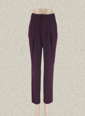 丝fu卡 正品 拼接腰压褶百搭茄紫色女夏秋高腰九分裤小脚裤270138