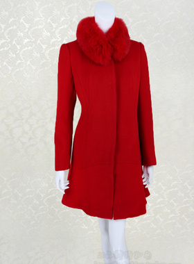 新!欧BL奴 立领可脱卸狐狸毛领甜美红色女冬羊毛呢大衣6670 XL