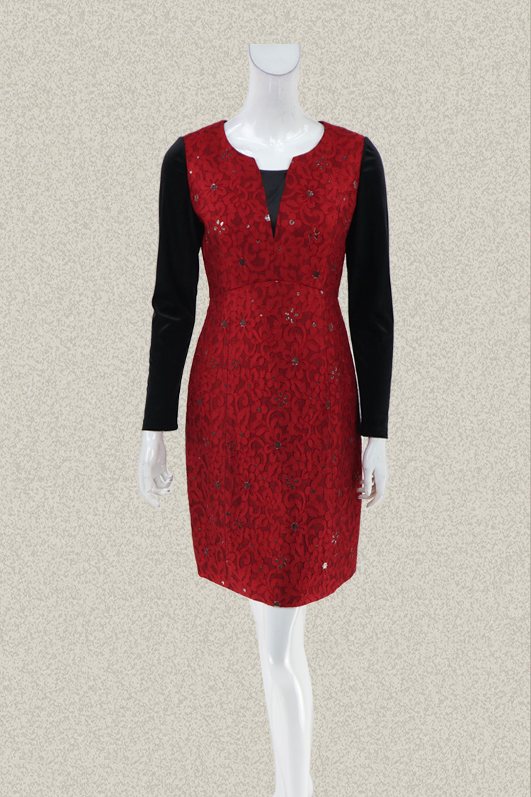 新!爱珂菲EAACPP 正品 亮丝提花红黑拼色轻熟女春秋连衣裙EF45054