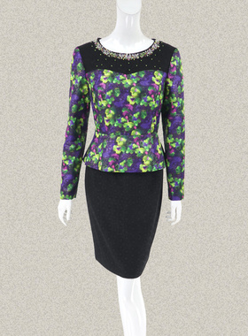 新!爱珂菲EAACPP正品亮丝印花蕾丝钉珠女春秋假两件连衣裙EF35026