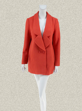 JH风 橘红深蓝大翻领女冬春羊毛呢大衣中长毛呢外套大码二色XA503