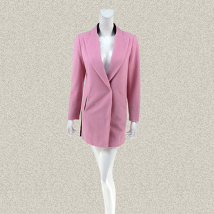卡迪DL 正品 拼色侧开叉甜美粉色女春秋冬羊毛呢外套大衣H007