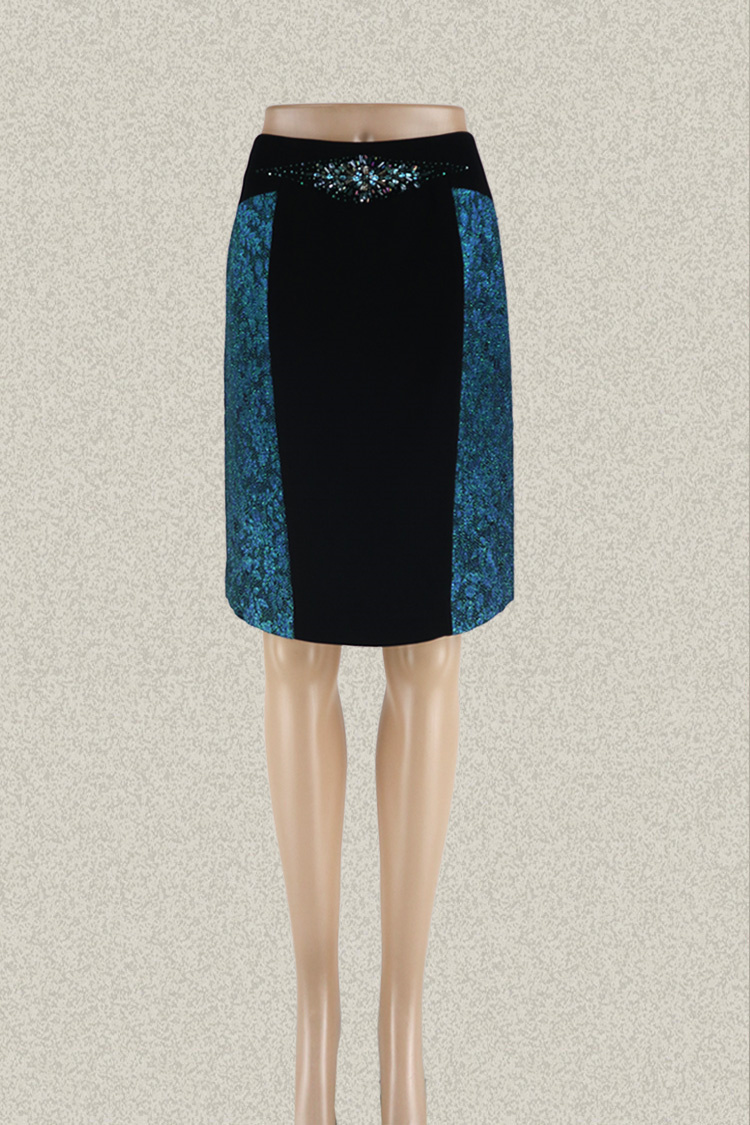 亮丝提花钉珠拼色包臀裙