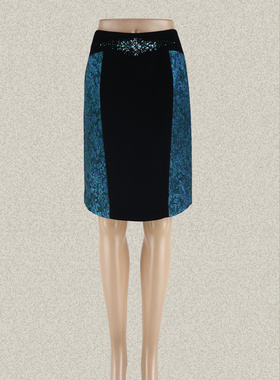 爱珂菲 精致亮丝提花钉珠拼色女春夏秋包臀裙半身裙EE34002/34008