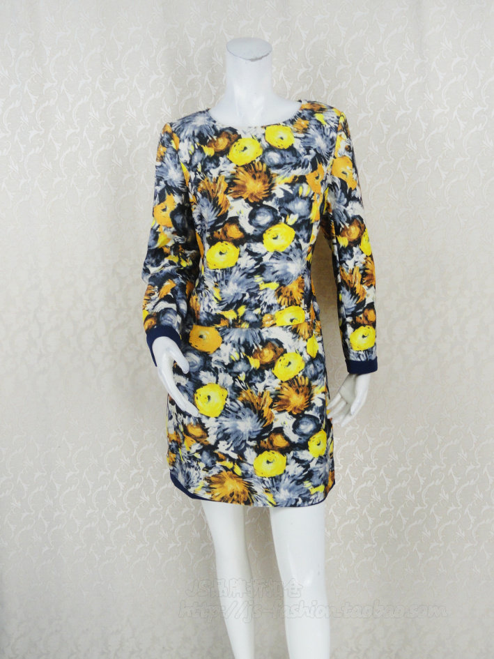 C*fon 正品清仓 甜美印花女春秋圆领长袖假两件宽松连衣裙LA126