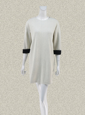 新!邦BUOU 正品 夹银丝提花圆领落肩八分袖直身女冬春连衣裙 G130